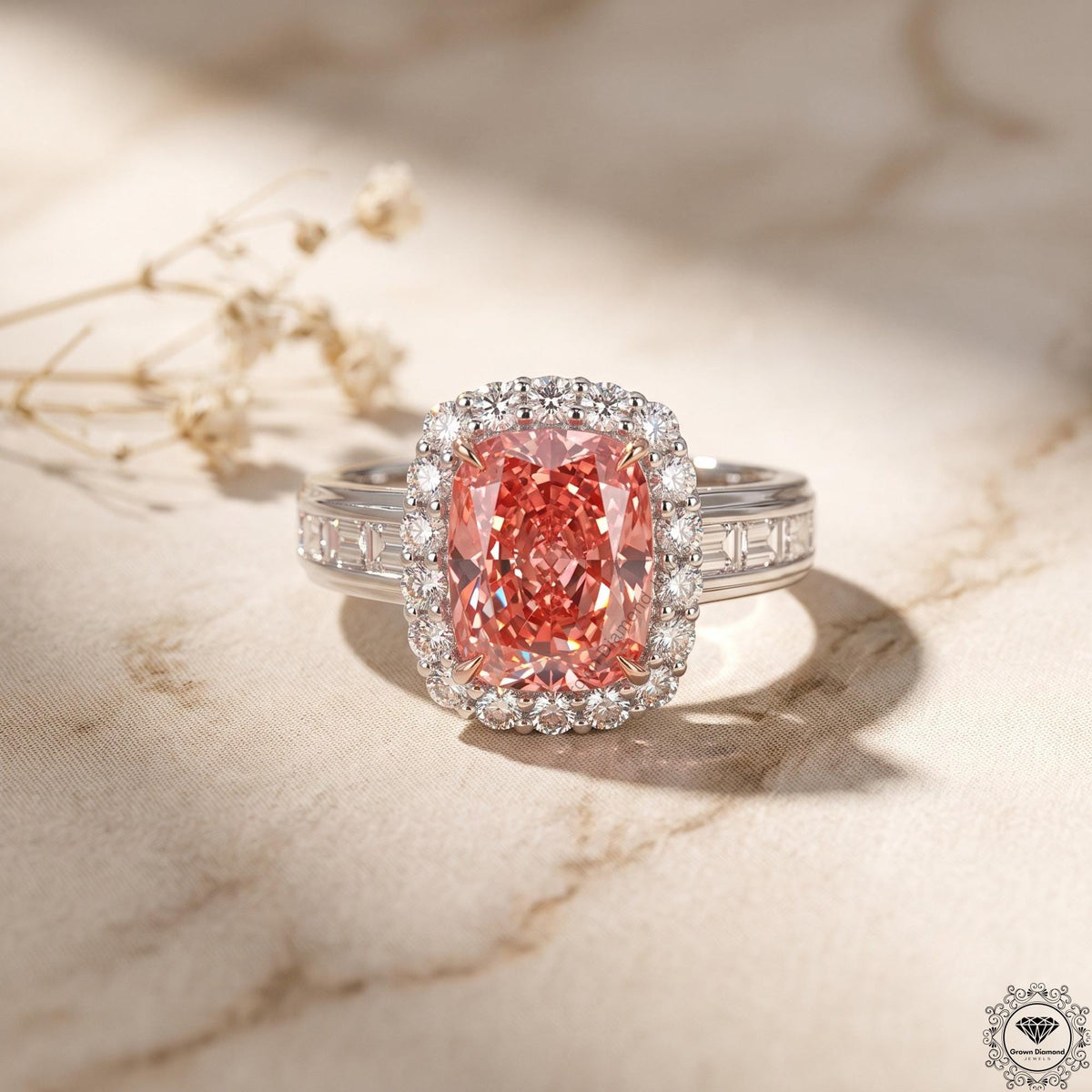 3 Ct Pink Cushion Lab Grown Diamond Halo Engagement Ring