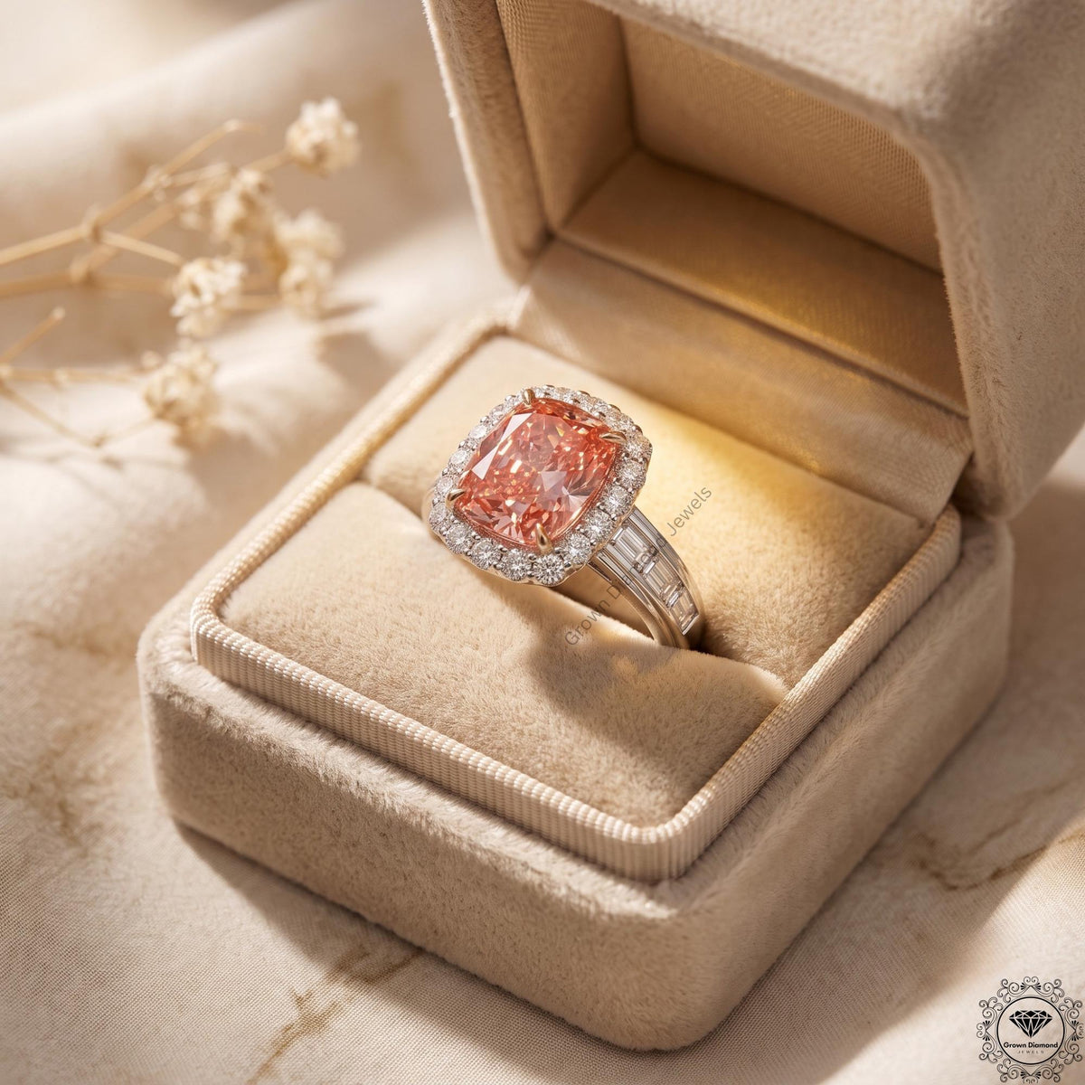3 Ct Pink Cushion Lab Grown Diamond Halo Engagement Ring