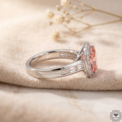 3 Ct Pink Cushion Lab Grown Diamond Halo Engagement Ring