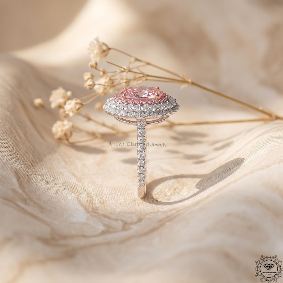 Pink Lab Grown Diamond Oval Engagement Ring Hidden Halo
