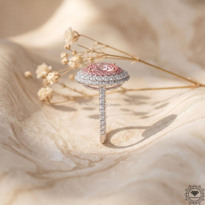 Pink Lab Grown Diamond Oval Engagement Ring Hidden Halo