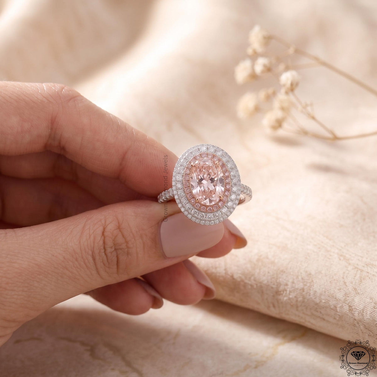 Pink Lab Grown Diamond Oval Engagement Ring Hidden Halo