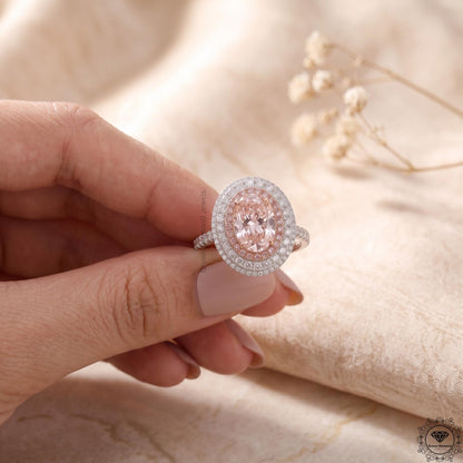Pink Lab Grown Diamond Oval Engagement Ring Hidden Halo