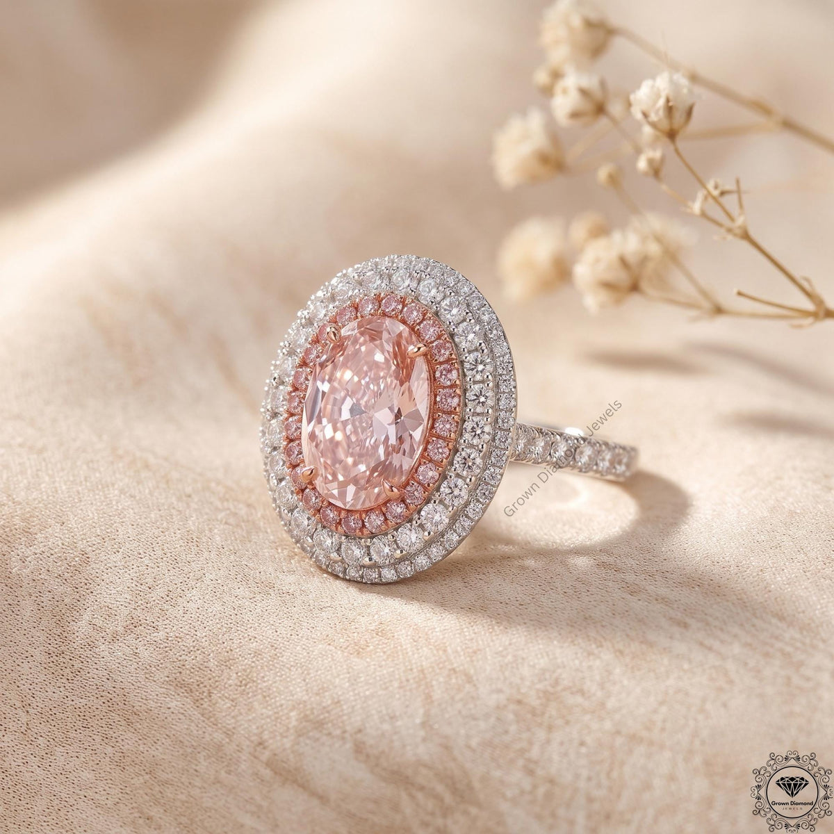 Pink Lab Grown Diamond Oval Engagement Ring Hidden Halo