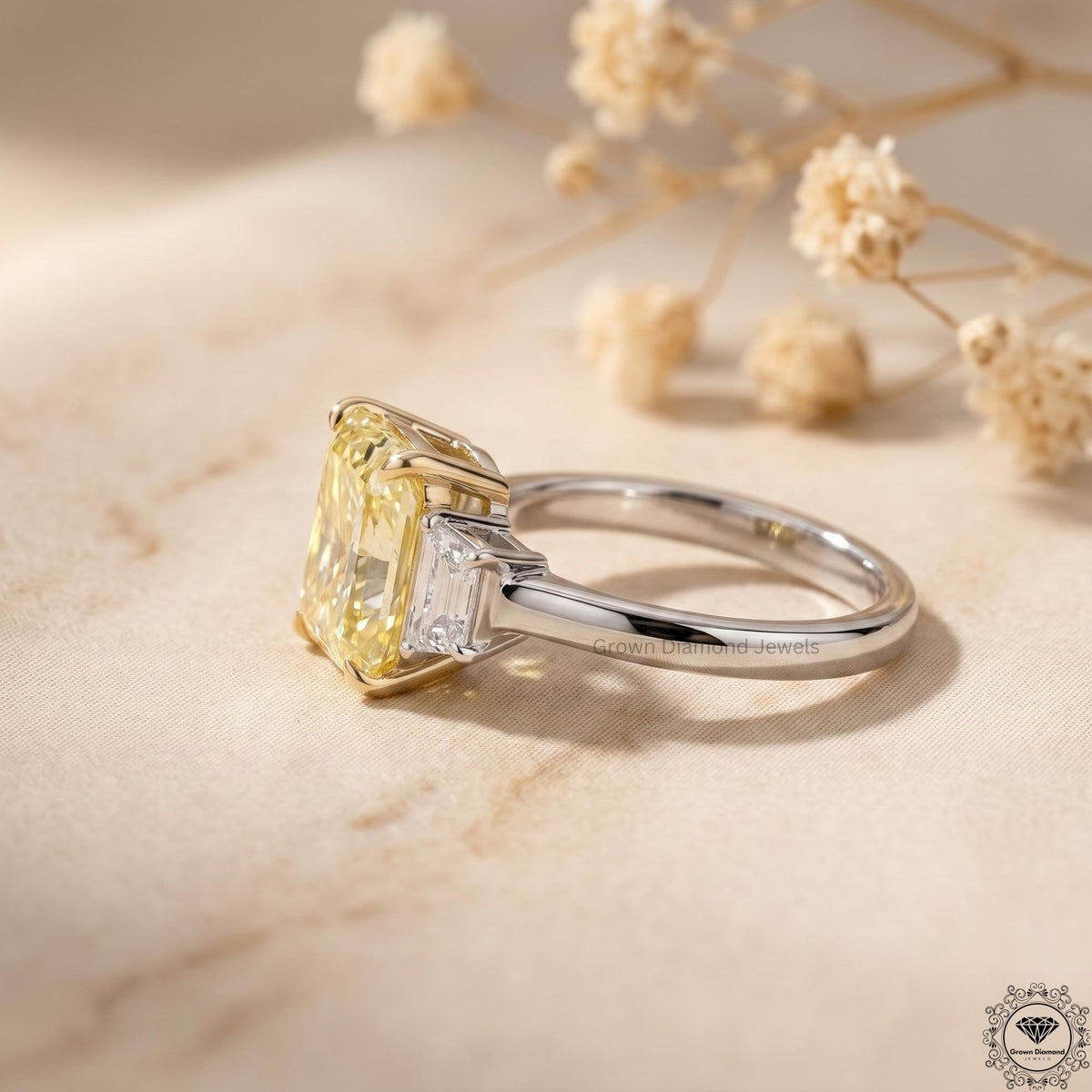 3ct Yellow Radiant Lab Grown Diamond Three Stone Engagement Ring