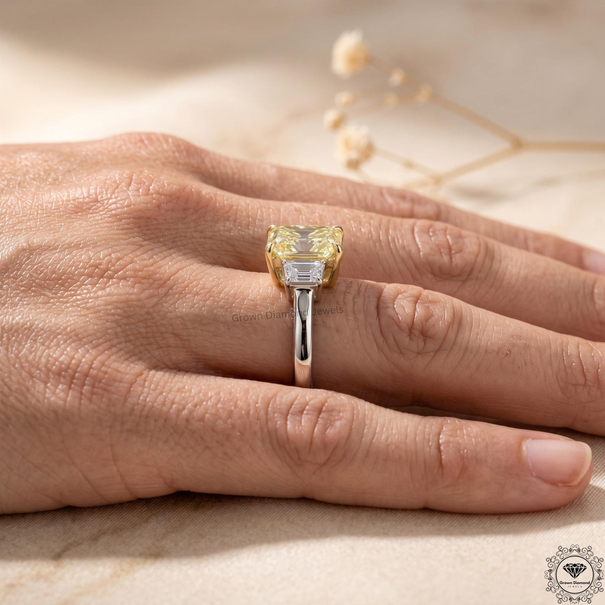3ct Yellow Radiant Lab Grown Diamond Three Stone Engagement Ring