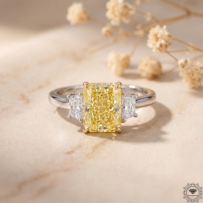 3ct Yellow Radiant Lab Grown Diamond Three Stone Engagement Ring