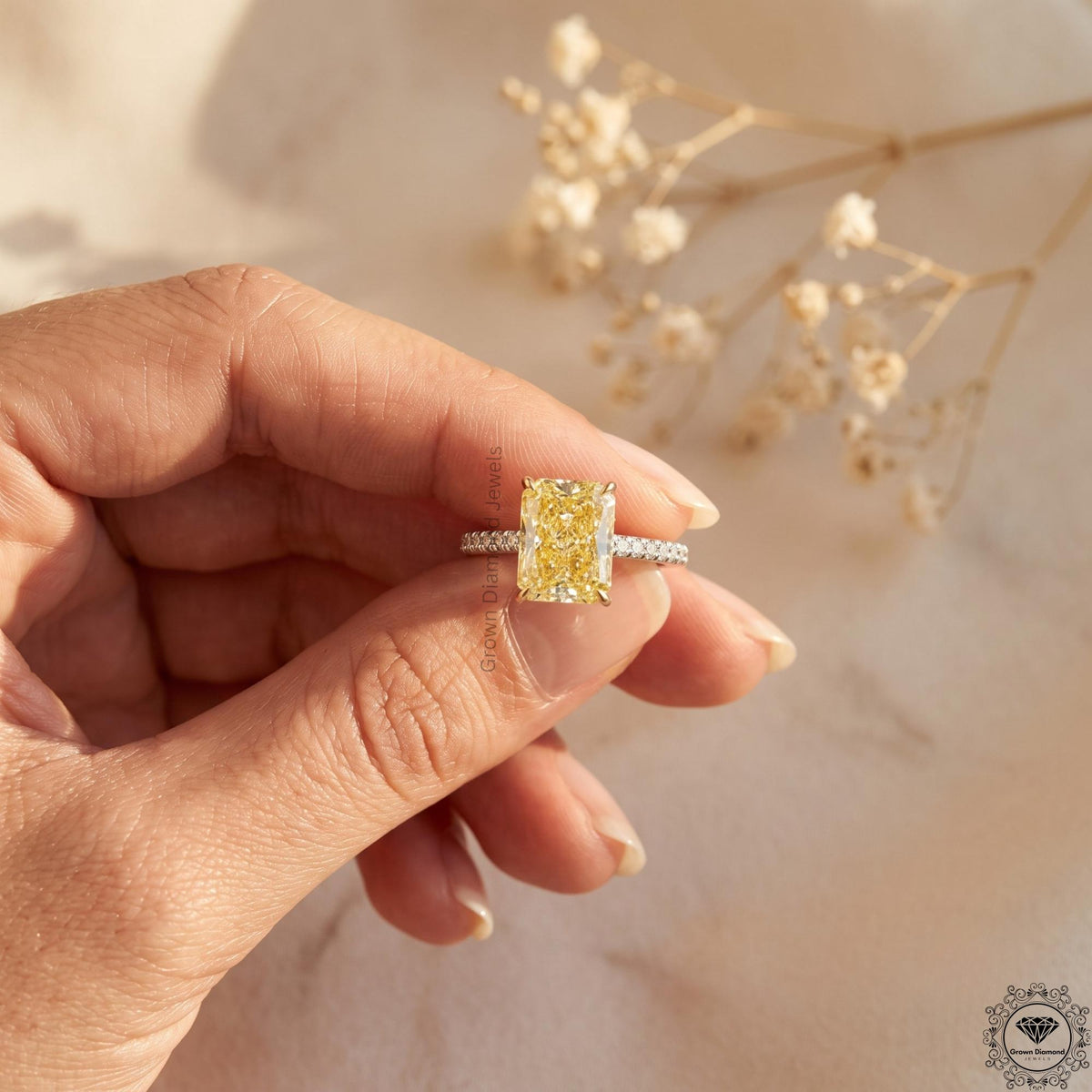 3ct Radiant Intense Yellow Lab Grown Diamond Hidden Halo Ring