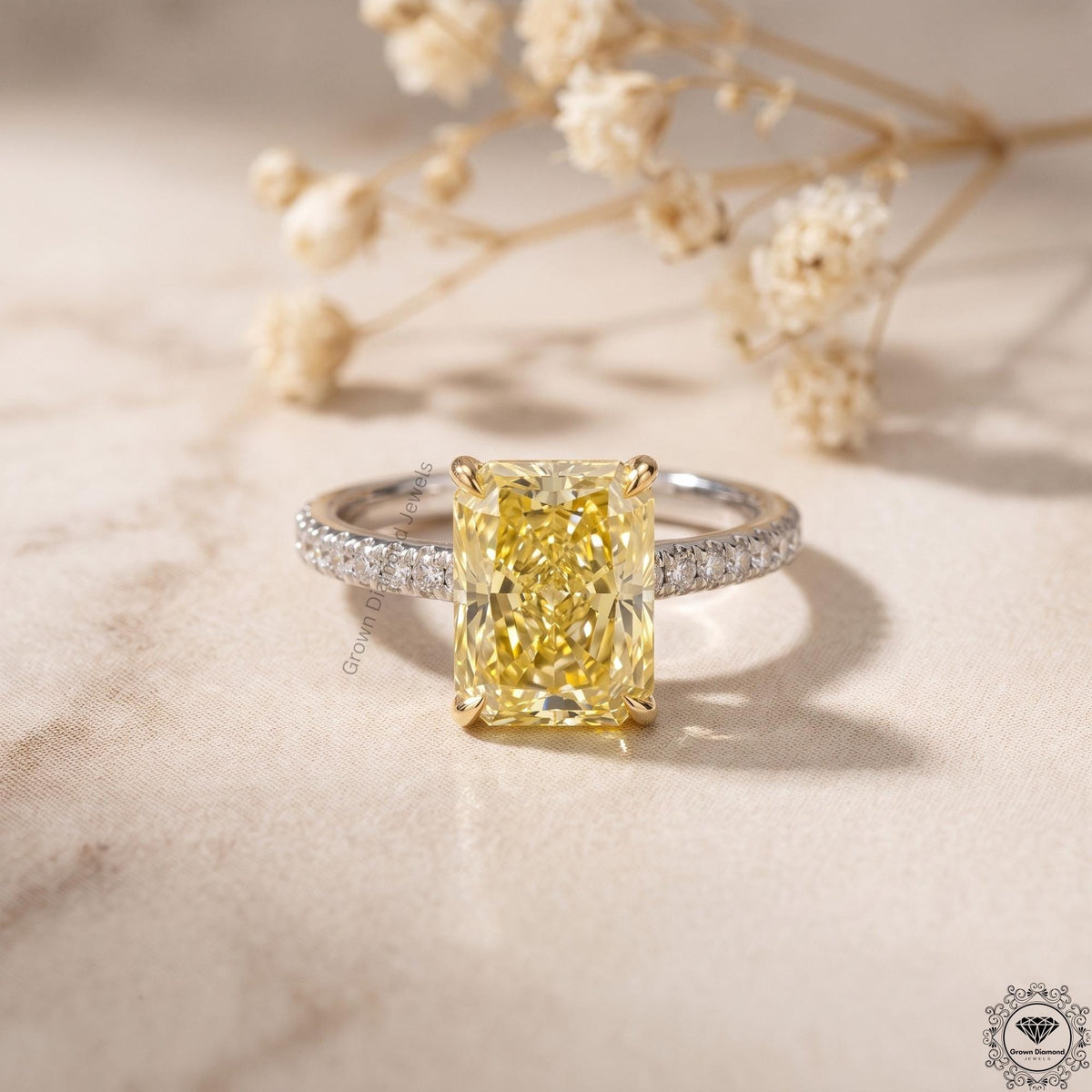 3ct Radiant Intense Yellow Lab Grown Diamond Hidden Halo Ring