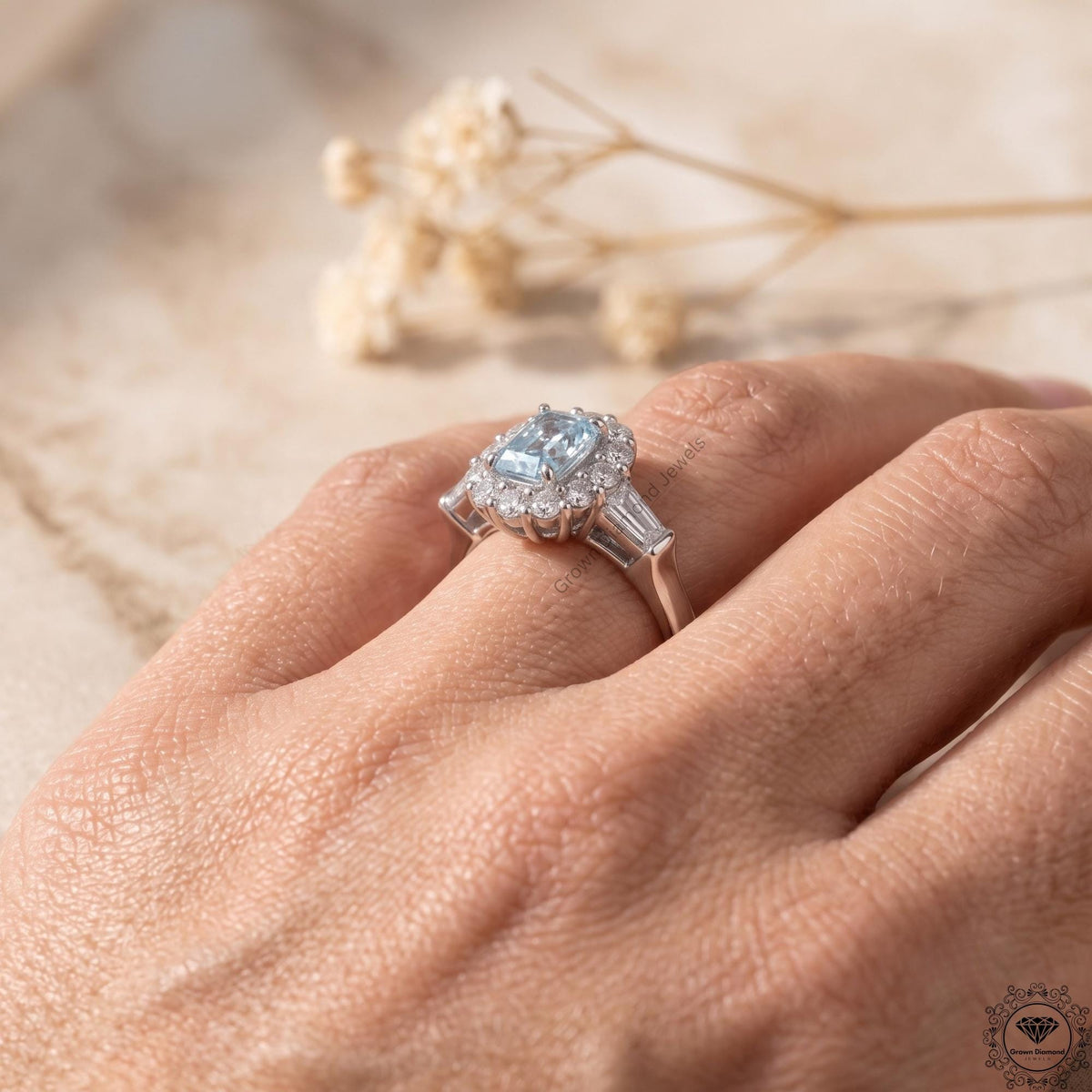 2Ct Intense Blue Radiant Lab Grown Diamond Engagement Ring