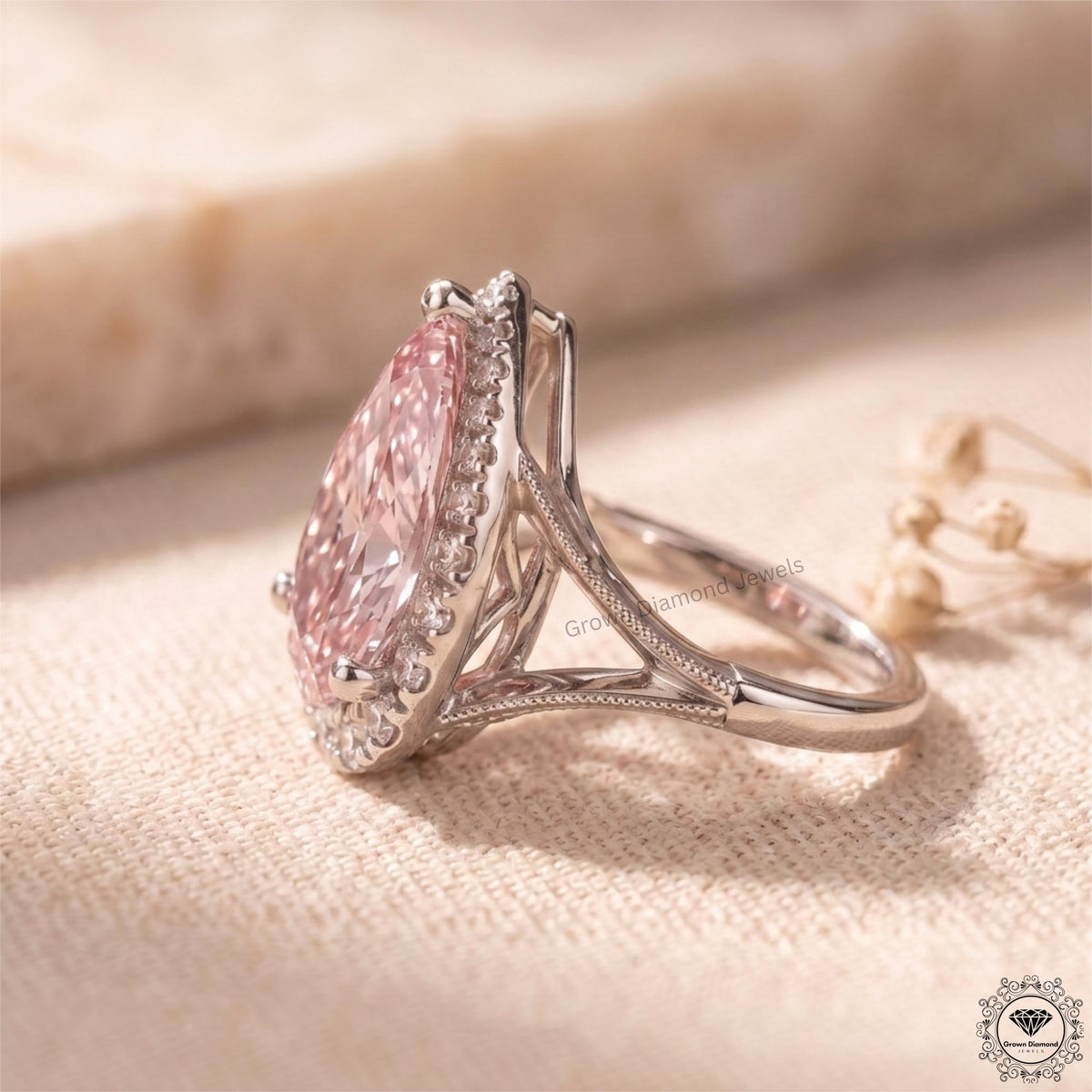 3 Ct Pink Pear Cut Lab Grown Diamond Split Shank Halo Ring