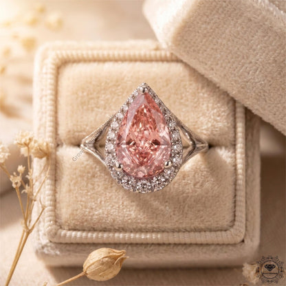 3 Ct Pink Pear Cut Lab Grown Diamond Split Shank Halo Ring