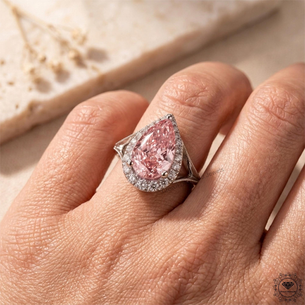 3 Ct Pink Pear Cut Lab Grown Diamond Split Shank Halo Ring
