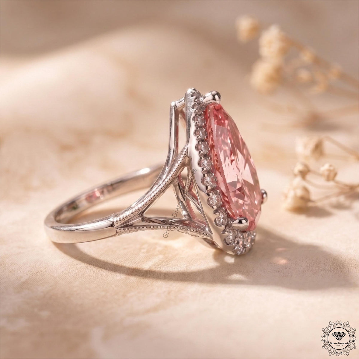 3 Ct Pink Pear Cut Lab Grown Diamond Split Shank Halo Ring