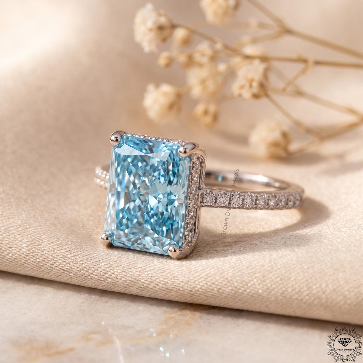 5 Ct Blue Lab Grown Diamond Engagement Hidden Halo Ring