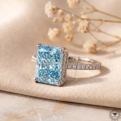 5 Ct Blue Lab Grown Diamond Engagement Hidden Halo Ring