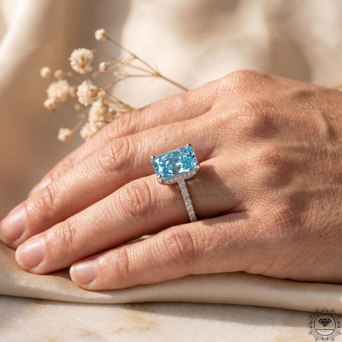 5 Ct Blue Lab Grown Diamond Engagement Hidden Halo Ring