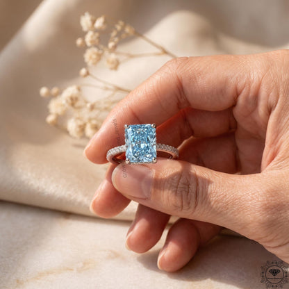5 Ct Blue Lab Grown Diamond Engagement Hidden Halo Ring