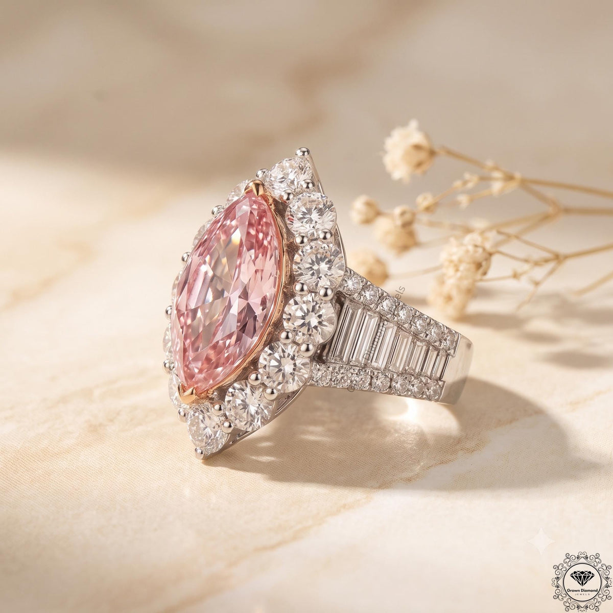 Intense Pink 4Tcw Marquise Lab Grown Diamond Halo Ring