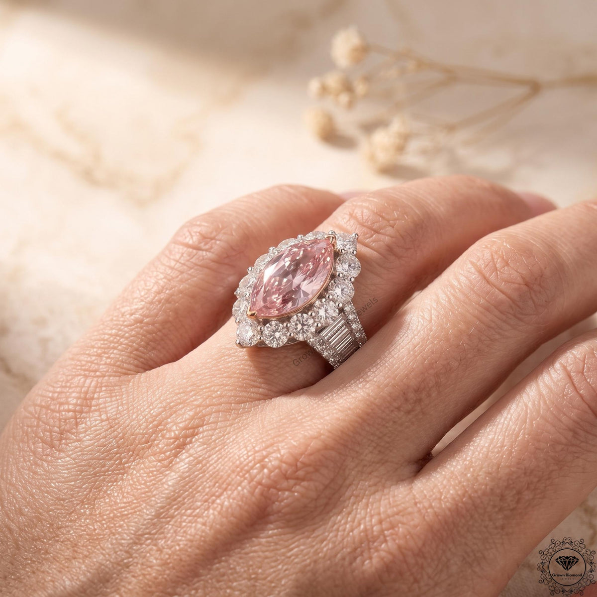 Intense Pink 4Tcw Marquise Lab Grown Diamond Halo Ring