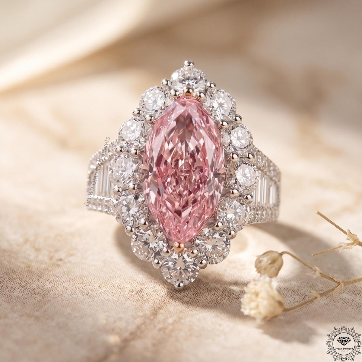 Intense Pink 4Tcw Marquise Lab Grown Diamond Halo Ring