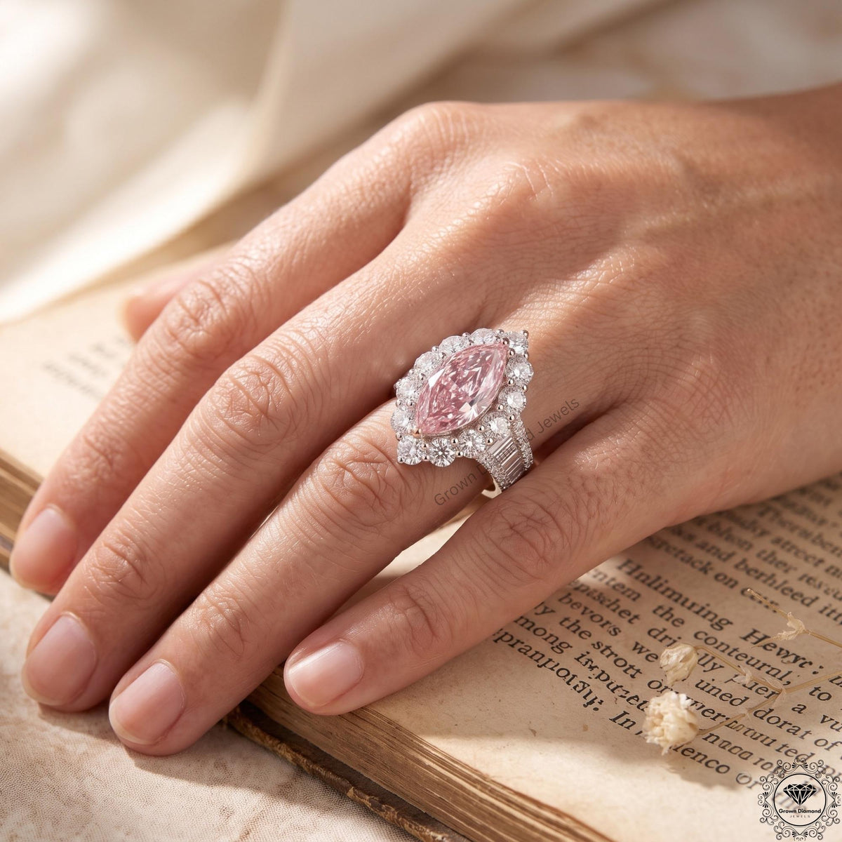 Intense Pink 4Tcw Marquise Lab Grown Diamond Halo Ring
