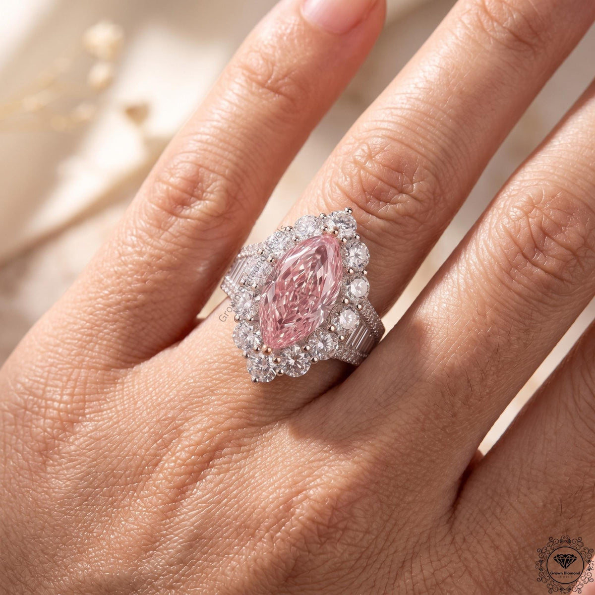 Intense Pink 4Tcw Marquise Lab Grown Diamond Halo Ring