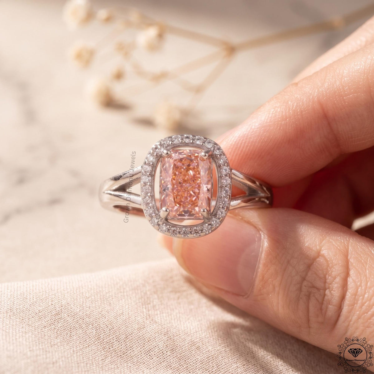 1.5 Ct Pink Lab Grown Diamond Cushion Cut Engagement Ring