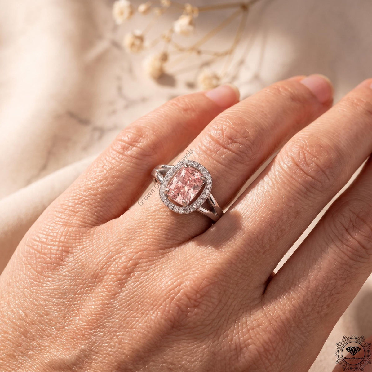 1.5 Ct Pink Lab Grown Diamond Cushion Cut Engagement Ring