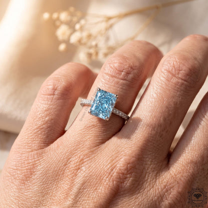 5 Ct Blue Lab Grown Diamond Engagement Hidden Halo Ring