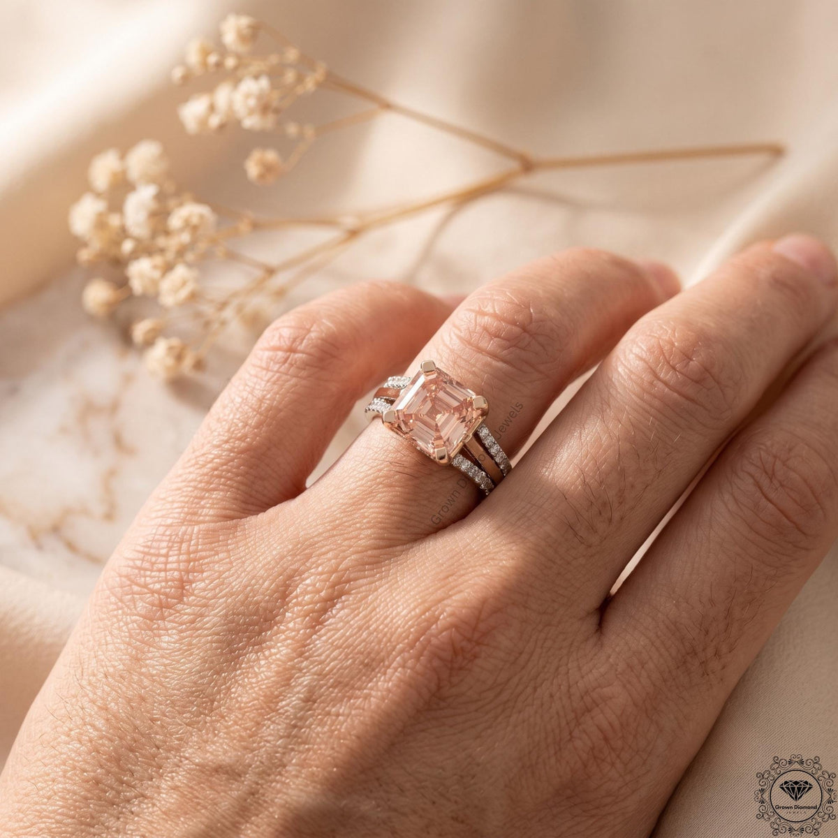 3CT Pink Lab Grown Diamond Asscher Cut Engagement Ring