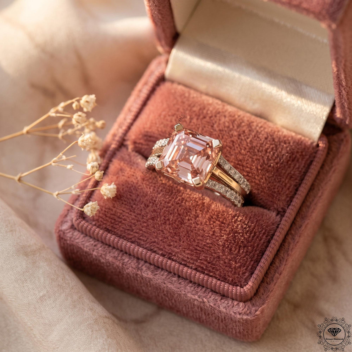 3CT Pink Lab Grown Diamond Asscher Cut Engagement Ring