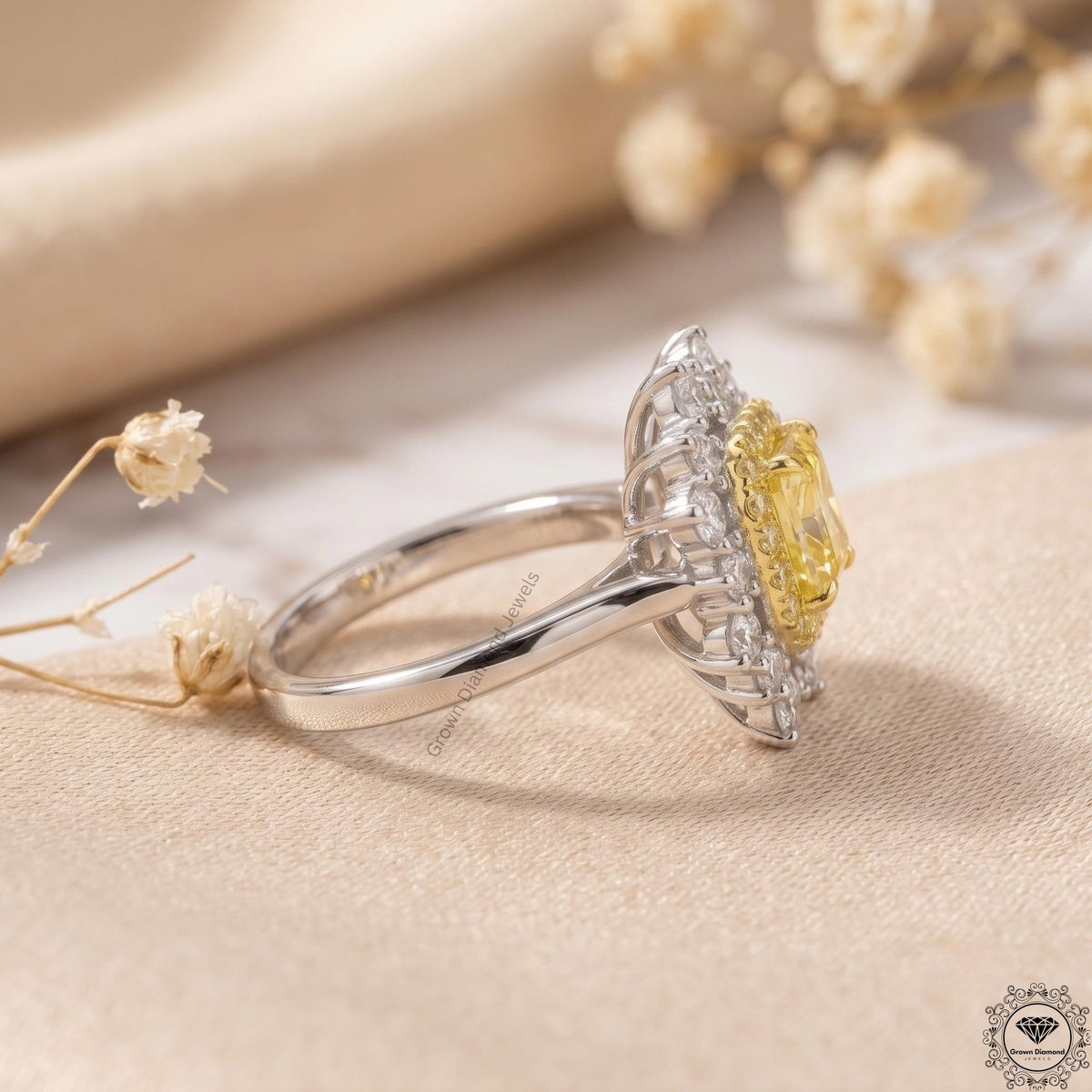 2.29ct Cushion Intense Yellow Lab Grown Diamond halo Ring