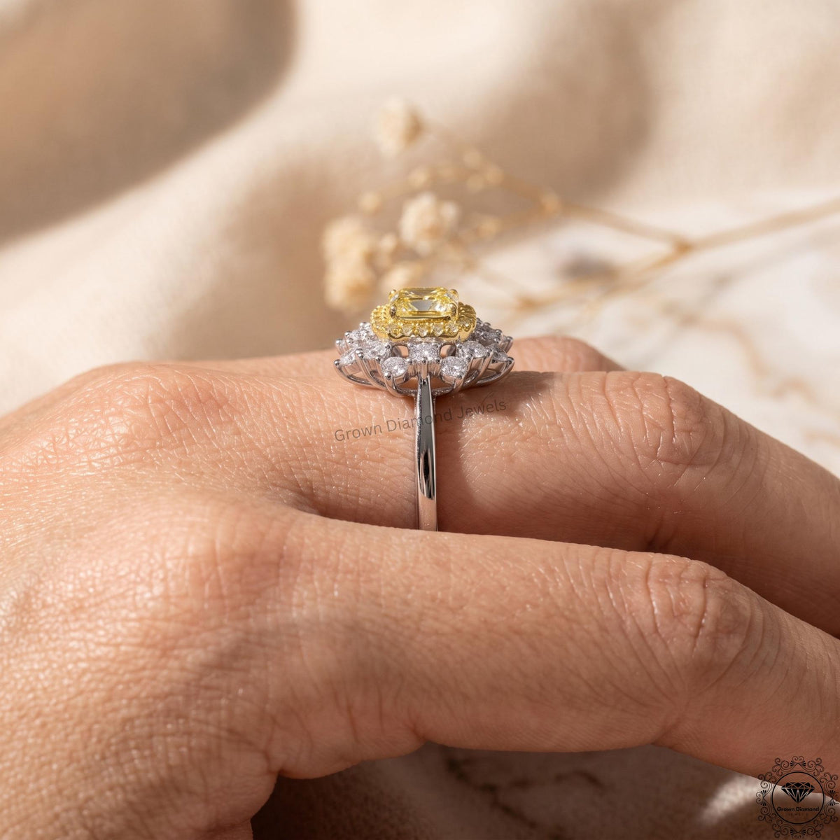 2.29ct Cushion Intense Yellow Lab Grown Diamond halo Ring