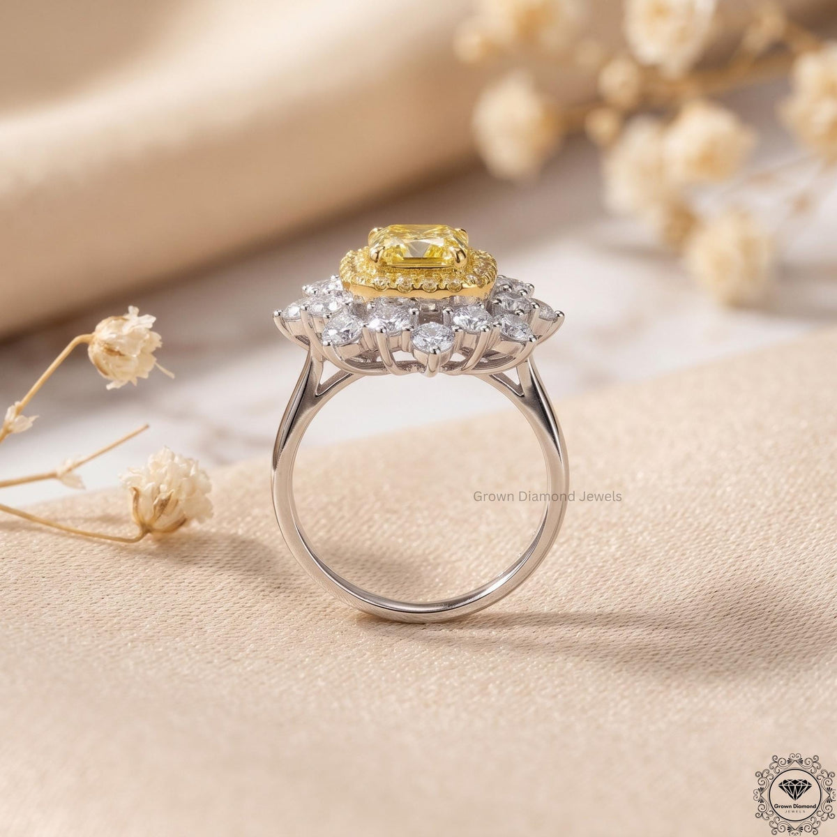 2.29ct Cushion Intense Yellow Lab Grown Diamond halo Ring