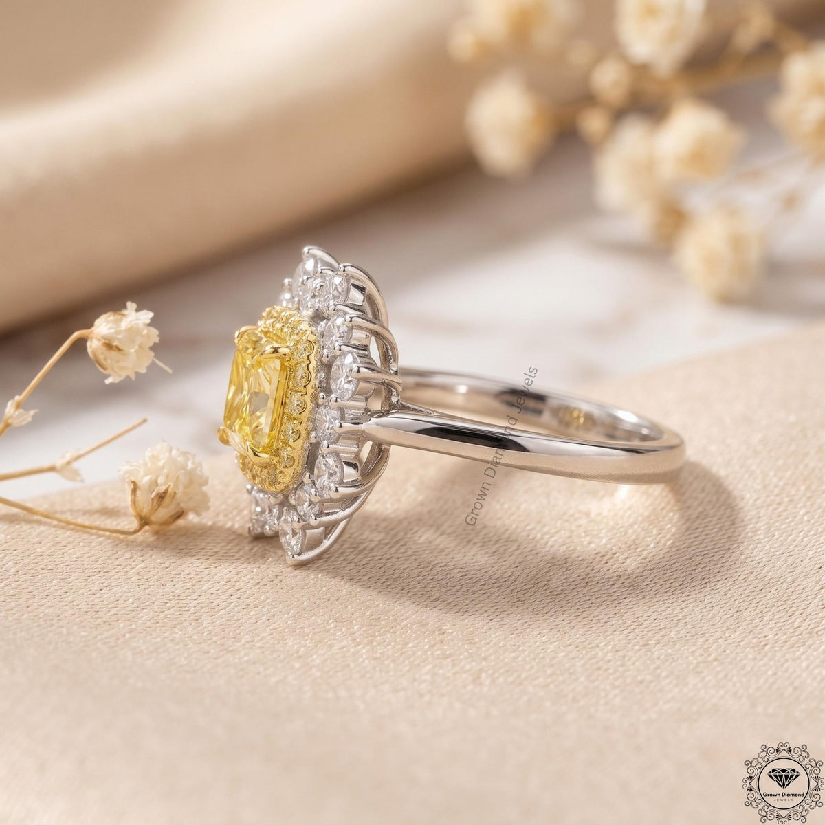 2.29ct Cushion Intense Yellow Lab Grown Diamond halo Ring