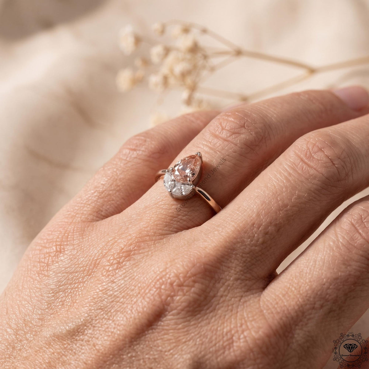 0.72 CT Pink Pear Lab Grown Diamond & Marquise Wedding Ring