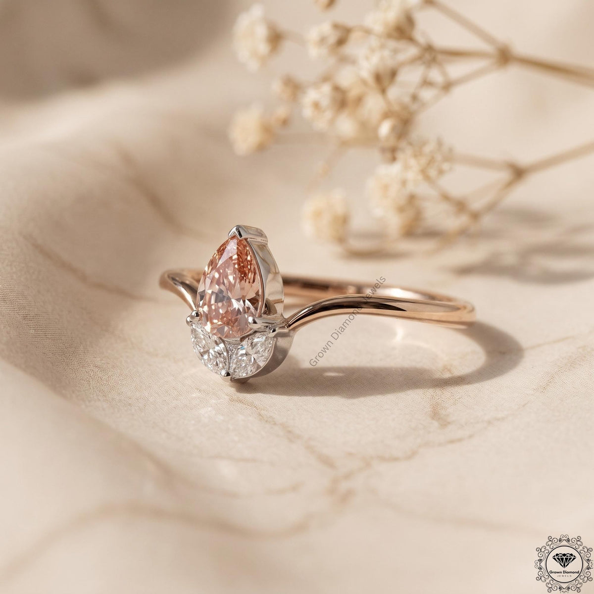 0.72 CT Pink Pear Lab Grown Diamond & Marquise Wedding Ring