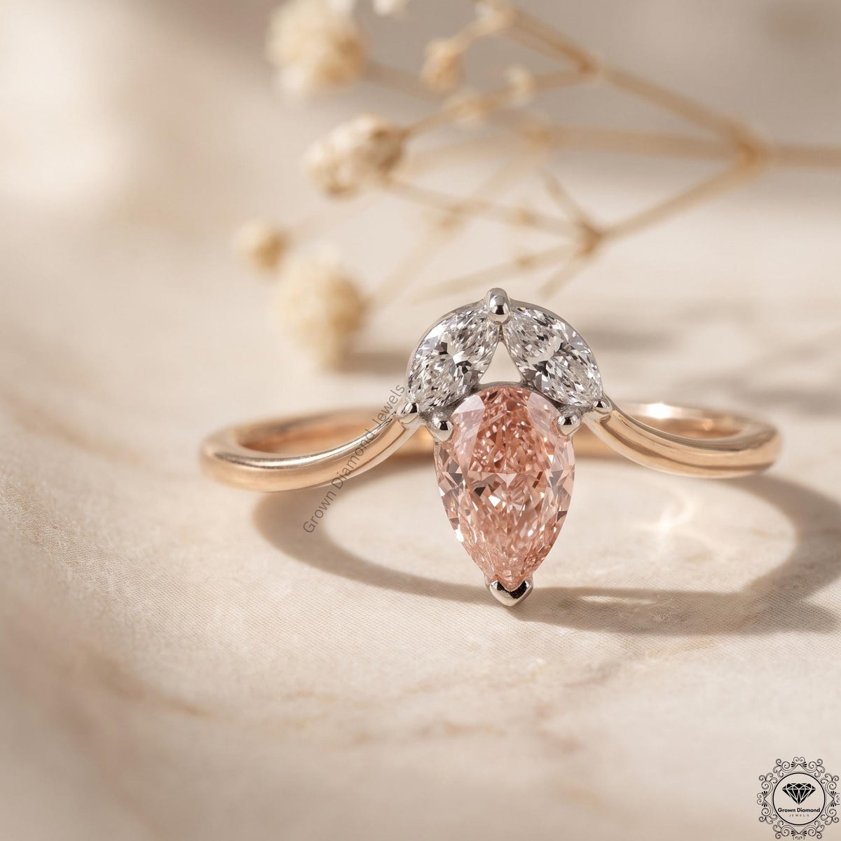 0.72 CT Pink Pear Lab Grown Diamond & Marquise Wedding Ring