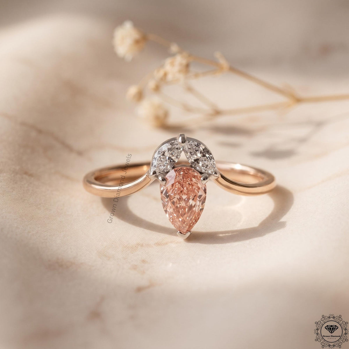 0.72 CT Pink Pear Lab Grown Diamond & Marquise Wedding Ring