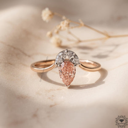 0.72 CT Pink Pear Lab Grown Diamond & Marquise Wedding Ring