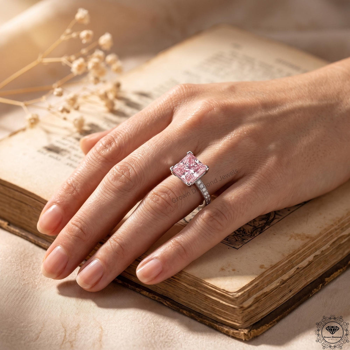3 CT Pink Princess Lab Grown Diamond Halo Wedding Ring