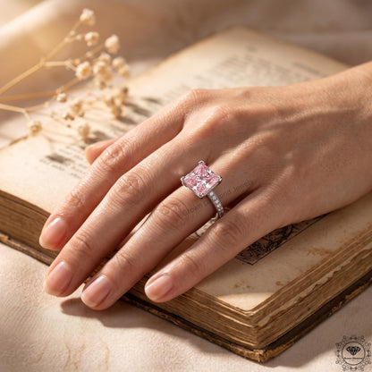 3 CT Pink Princess Lab Grown Diamond Halo Wedding Ring