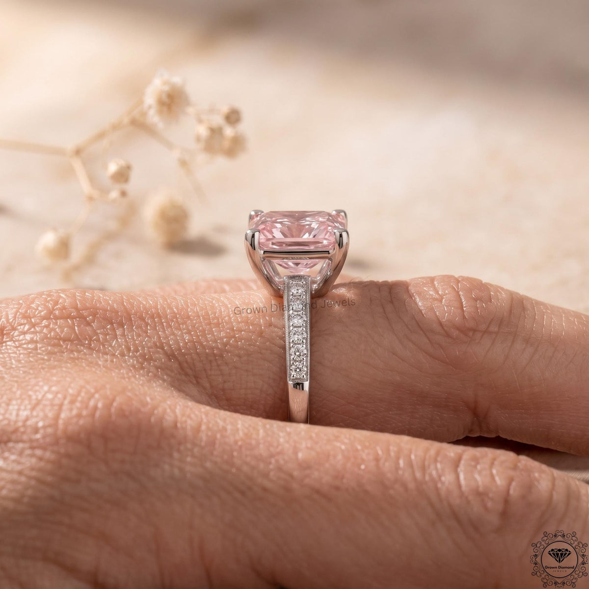 3 CT Pink Princess Lab Grown Diamond Halo Wedding Ring