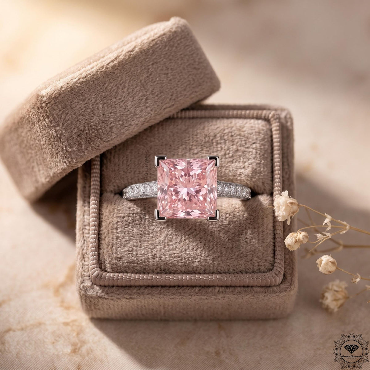 3 CT Pink Princess Lab Grown Diamond Halo Wedding Ring