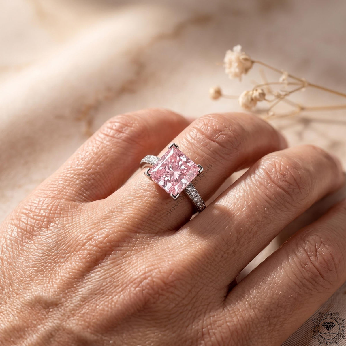 3 CT Pink Princess Lab Grown Diamond Halo Wedding Ring