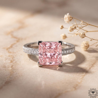 3 CT Pink Princess Lab Grown Diamond Halo Wedding Ring