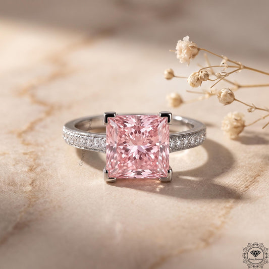 3 CT Pink Princess Lab Grown Diamond Halo Wedding Ring