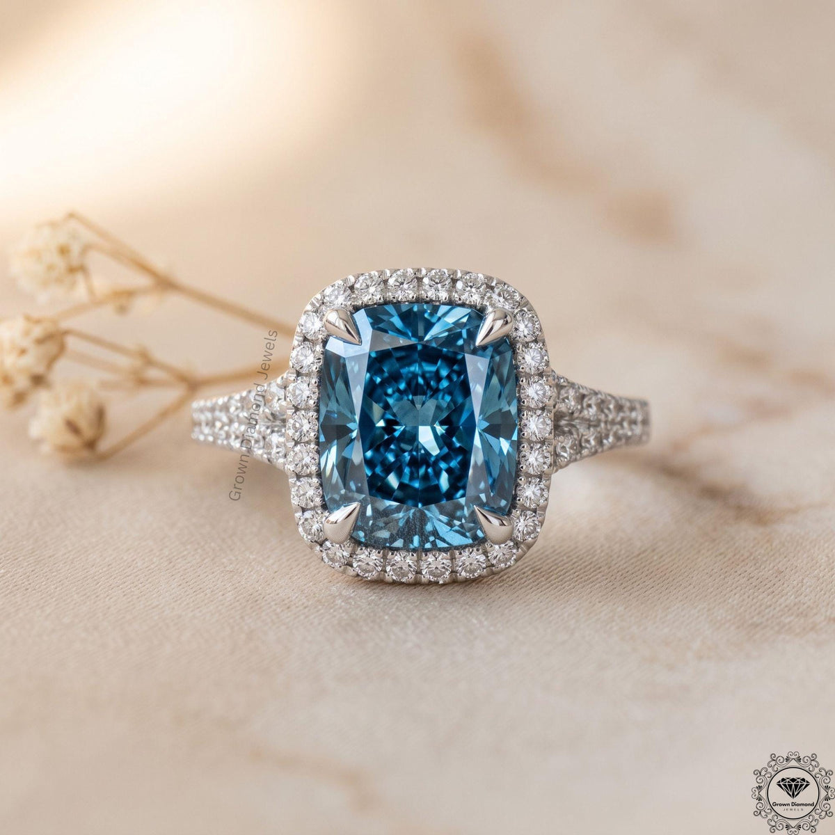 Cushion Cut Fancy Vivid Blue Split Shank Pave Set Halo Ring
