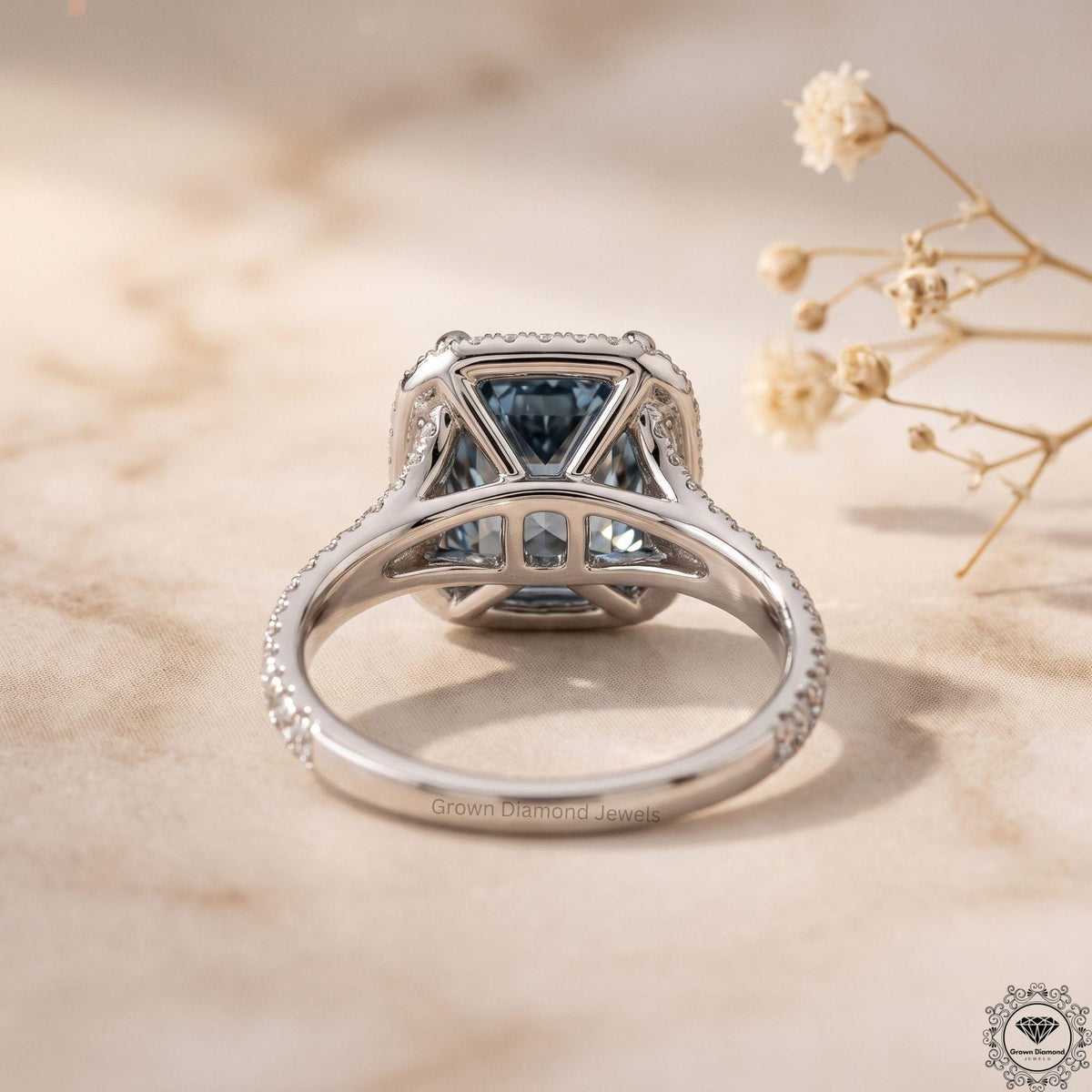 Cushion Cut Fancy Vivid Blue Split Shank Pave Set Halo Ring